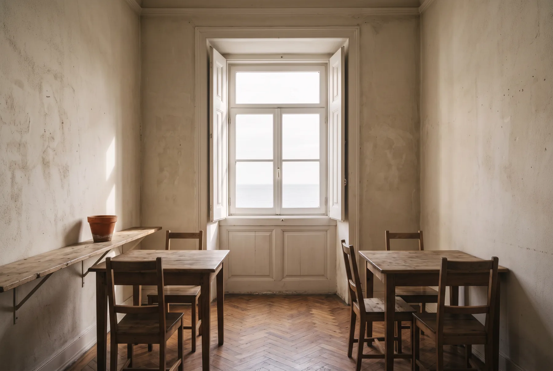 An empty first-floor room with two tables and chairs, a tall window open onto pale sea light and the Atlantic horizon.