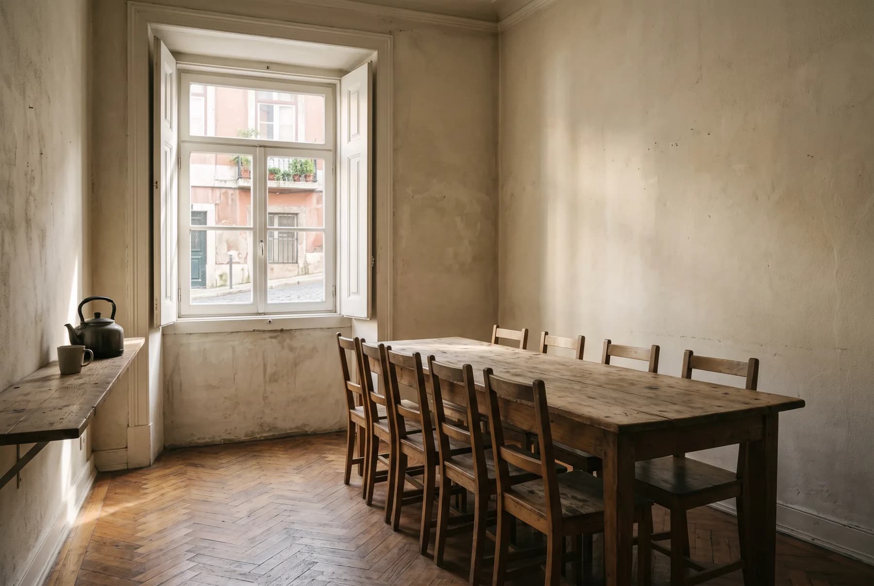 An empty studio workroom: one long wooden table with chairs pushed in, morning light through a tall shuttered window.