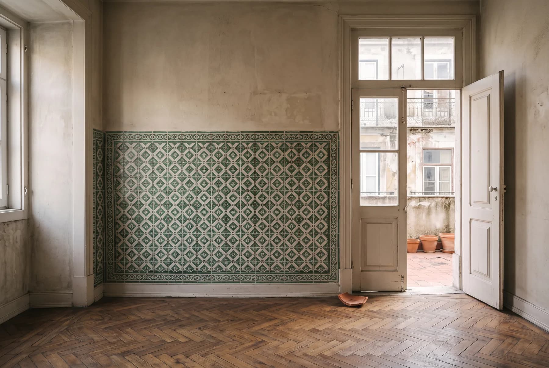 An empty room with green and white azulejo tiles along one wall, herringbone floor, a door open onto a small terrace.
