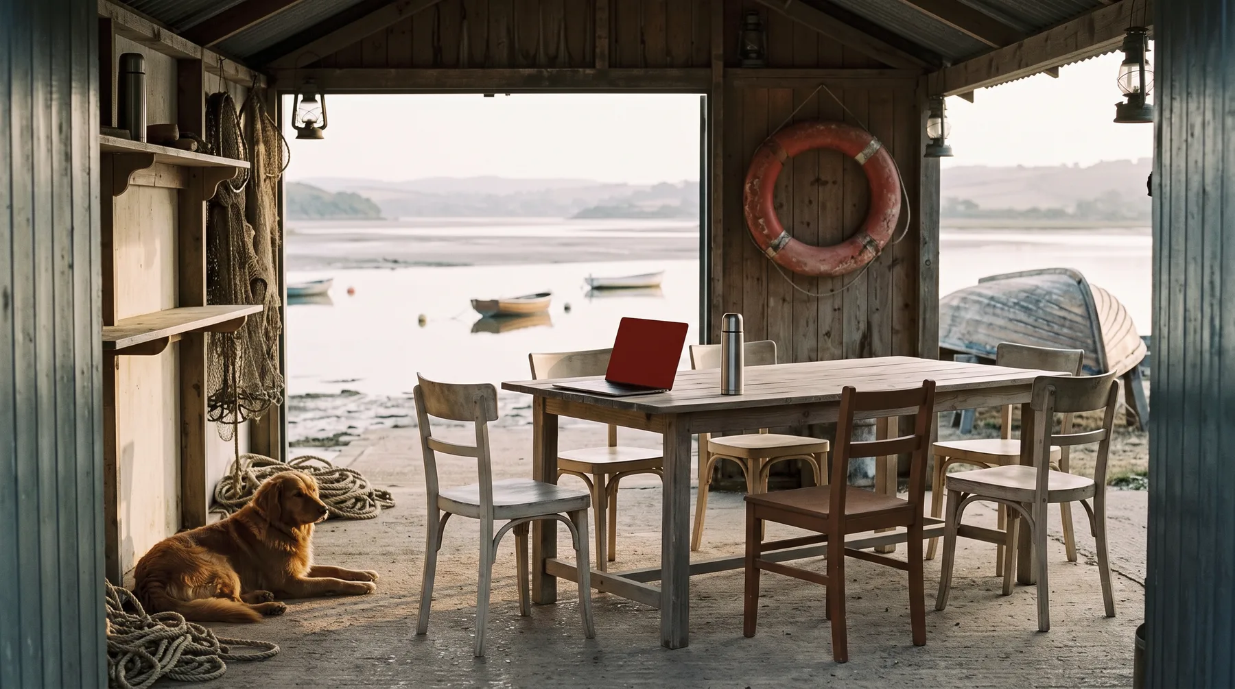 A table in an open boathouse looking out over a river at low tide.