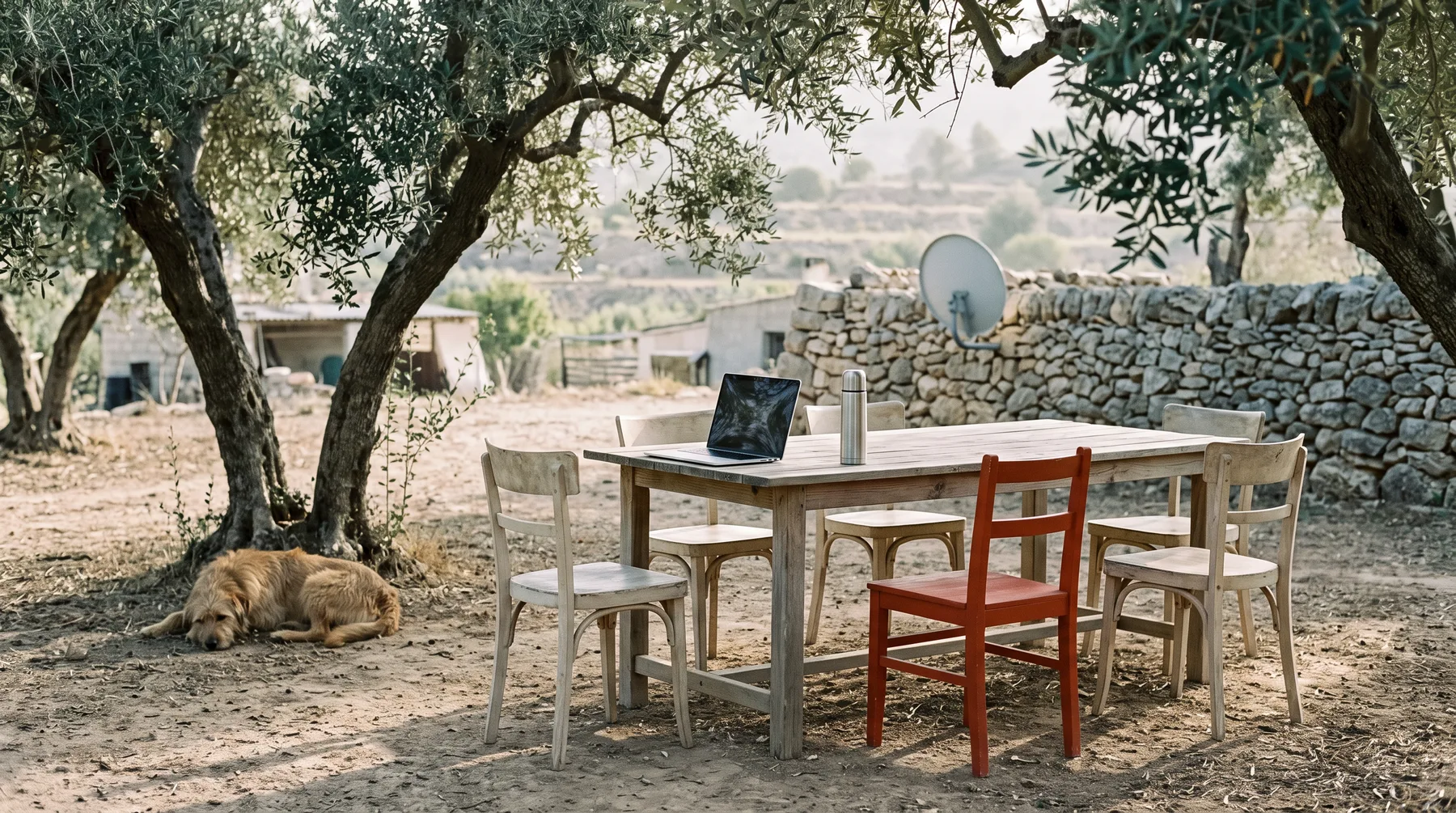 A long wooden table under olive trees on a farm, laptops open.