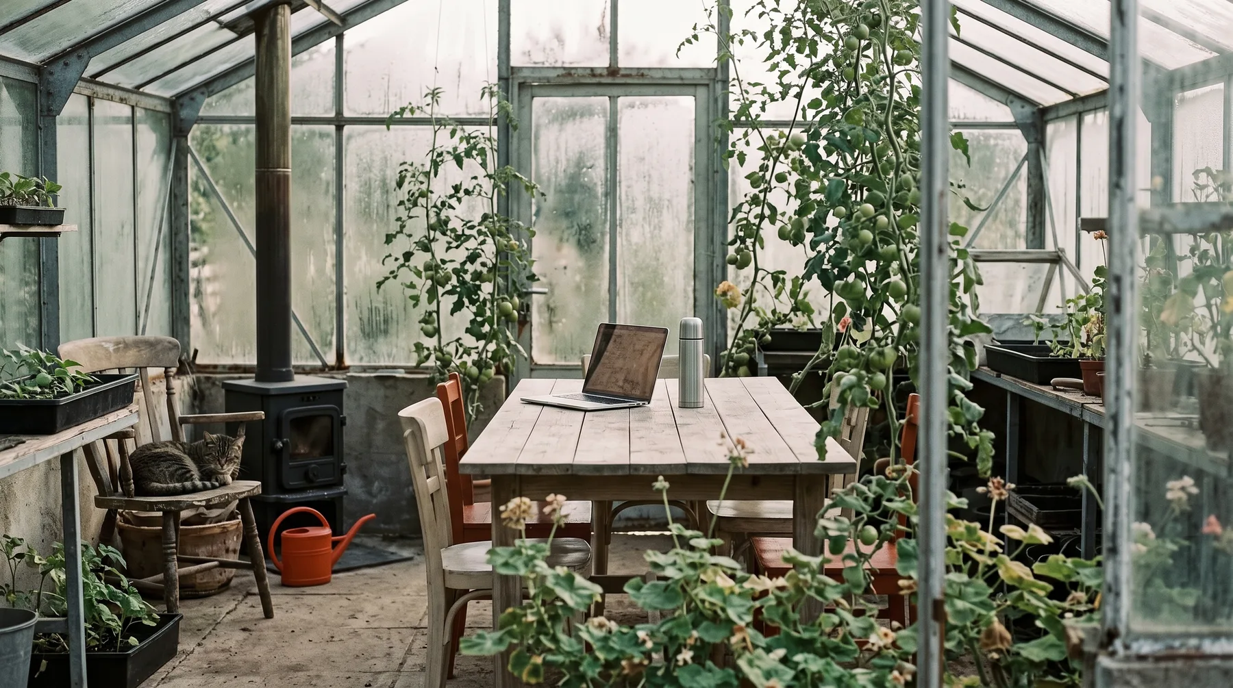 A glasshouse in a garden with a desk among plants.
